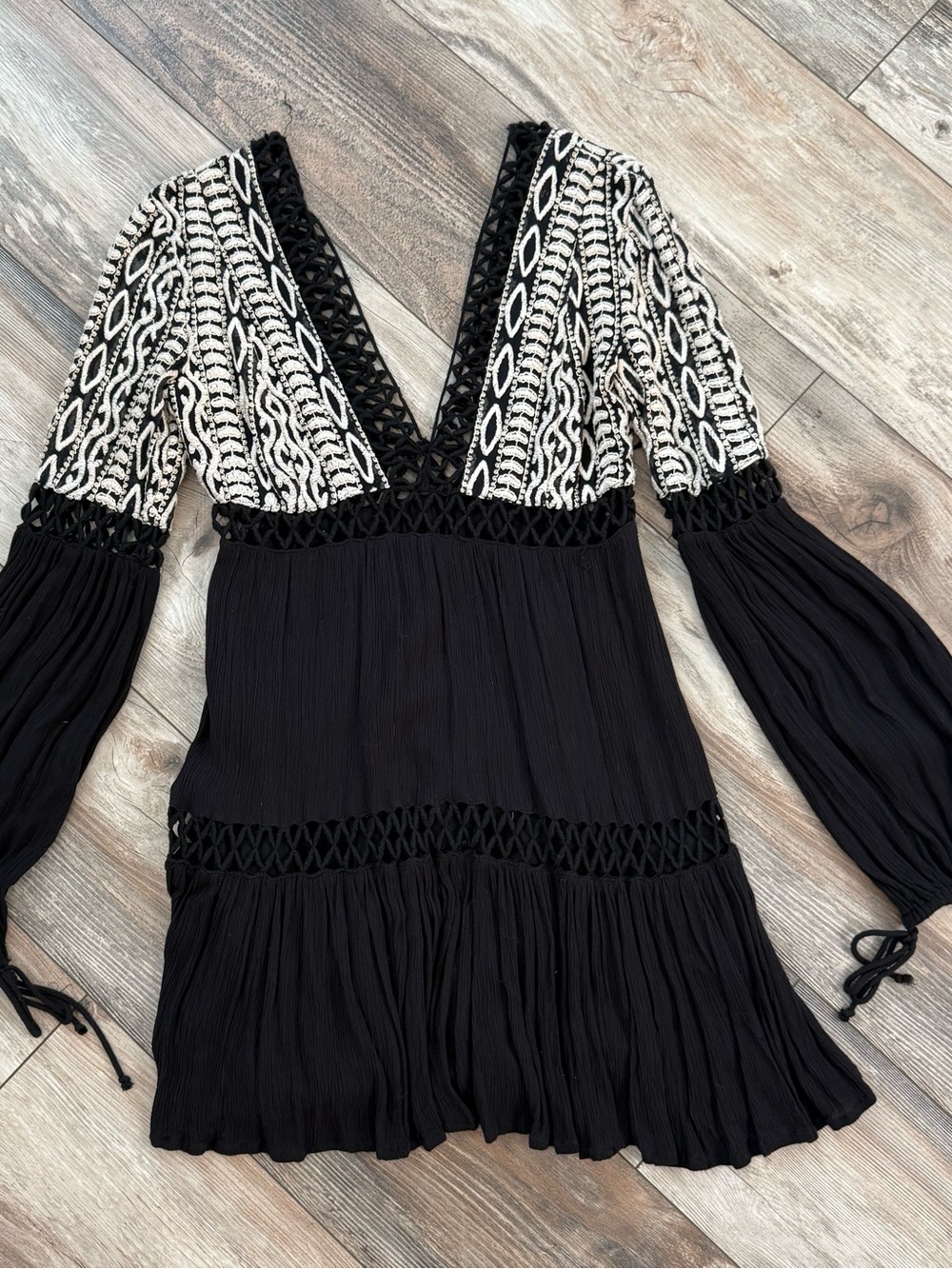 Free People Black & Cream V-Neck Crochet-Trim Dress
